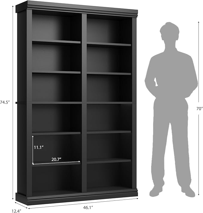 74.5" Tall Bookshelf with Double Storage, Extra Large Bookshelf, 6-Tier Double Wide Bookshelves w/ 12 Cubbies, Wide Freestanding Bookcases for Livingroom Office Library (Black)