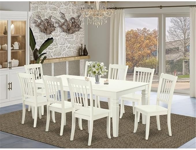 East West Furniture LGDA9-LWH-W 9 Piece Dining Room Table Set Includes a Rectangle Kitchen Table with Butterfly Leaf and 8 Dining Chairs, 42x84 Inch, Linen White