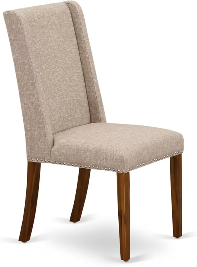 NKFL9-AWA-04-9-Piece Kitchen Table Set Includes a Kitchen Table and 8 Light Tan Linen Fabric Dining Chairs with Padded Chair Back - Antique Walnut Finish.