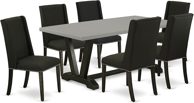 East West Furniture V697FL624-7 7 Piece Modern Dining Table Set Consist of a Rectangle Wooden Table with V-Legs and 6 Black Linen Fabric Parson Dining Chairs, 40x72 Inch, Multi-Color