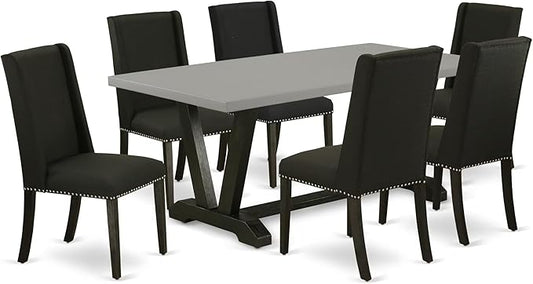 East West Furniture V697FL624-7 7 Piece Modern Dining Table Set Consist of a Rectangle Wooden Table with V-Legs and 6 Black Linen Fabric Parson Dining Chairs, 40x72 Inch, Multi-Color