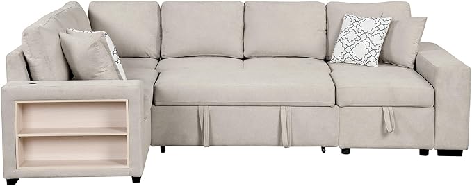 109" U-shaped Sectional Pull-out Sofa Bed with Storage Chaise,2-in-1 Convertible Couch W/ 4 Back Pillow & 2 USB Ports,Luxurious Sleeper Furniture Set for Living Room Large Space,Beige Chenille