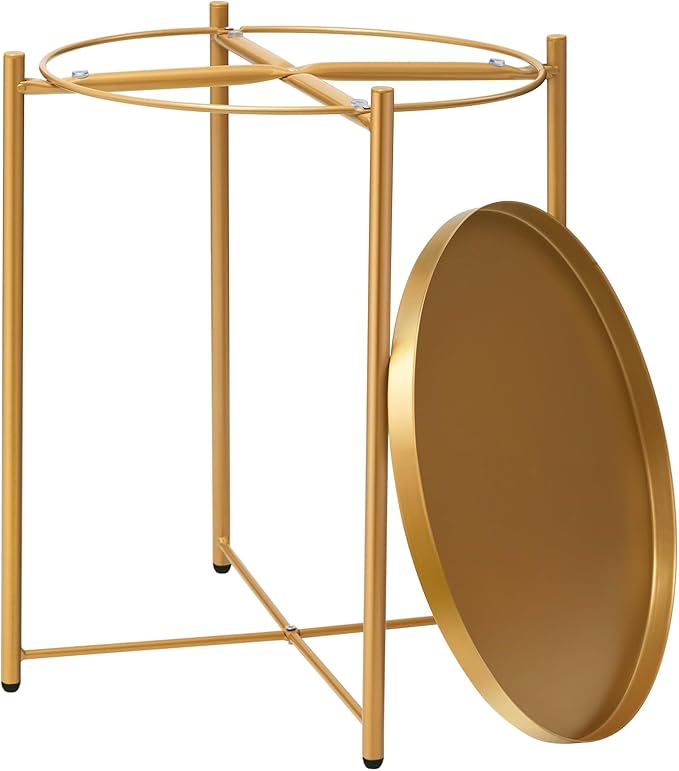 danpinera Gold Side Table, End Table for Small Spaces Outdoor Desk Round Metal Patio Coffee Nightstand Waterproof Removable Tray Desk for Living Room Bedroom Balcony Office