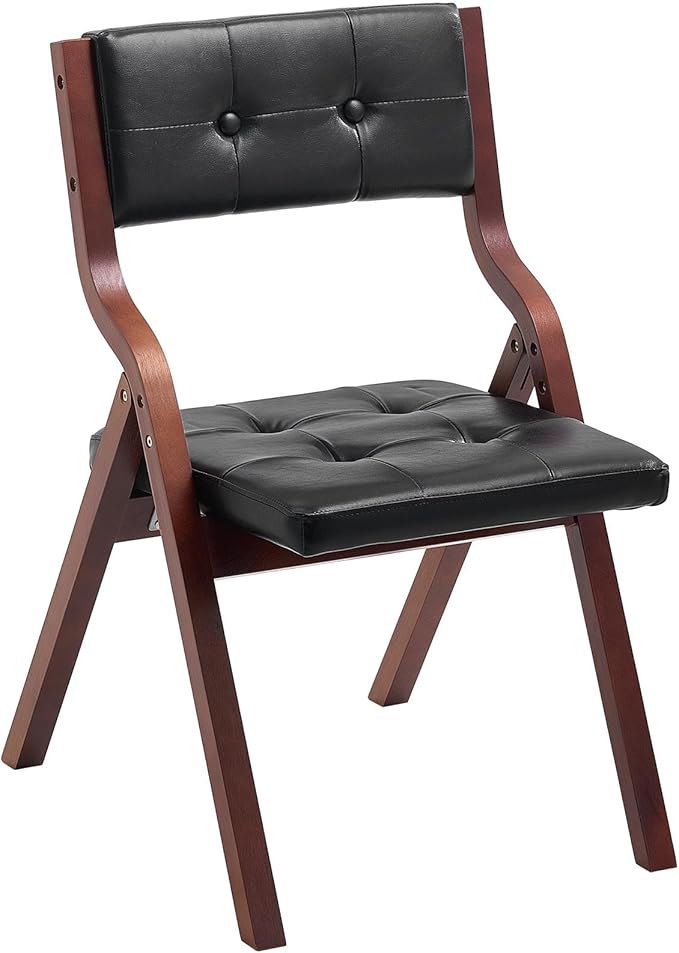 VEVOR Wooden Folding Chairs with Leather Cushion, Set of 2, Portable Foldable Cushion Chair with Wooden Frame, Easy Assembly, Modern Leather Padded Dining Chair for Office, Wedding, Party, Home, Black
