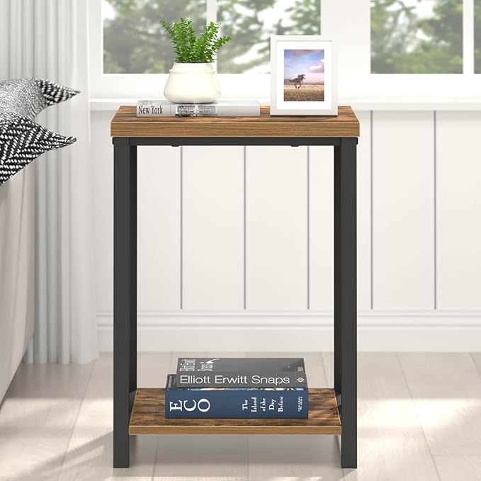 EXCEFUR End Table, Square Side Tables for Living Room, Industrial Metal and Wood Nightstand for Bedroom, Rustic Brown