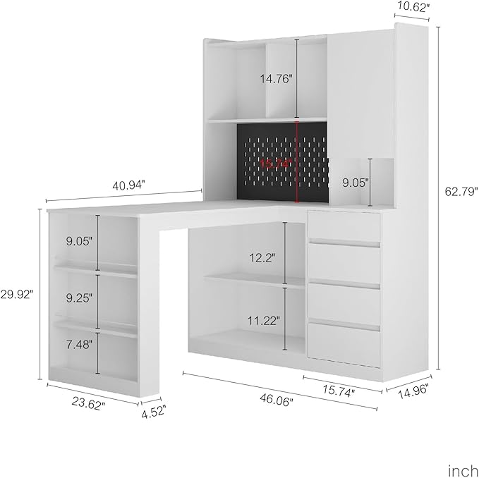 KEIKI L Shaped Home Office Desks with LED Light, Pegboard, Hutch, Drawers, Bookshelf & Storage Shelves, Modern Wooden Gaming Computer Corner Table for Work, Study, Writing