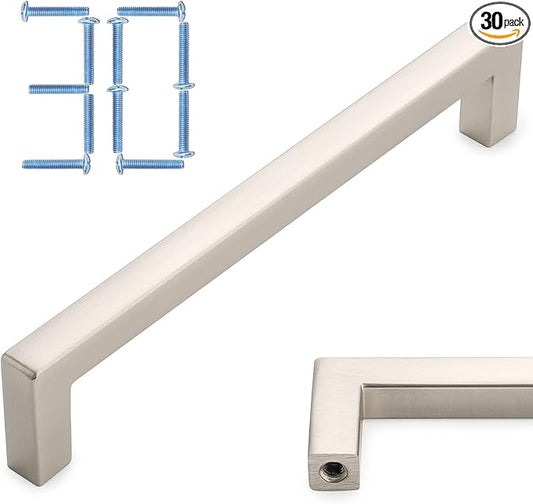 KOOFIZO 30-Pack Solid Square Bar Cabinet Handle - Brushed Nickel Furniture Pull, 5 Inch/128mm Screwhole Distance for Kitchen Cupboard Door, Bedroom Dresser Drawer, Bathroom Wardrobe Hardware