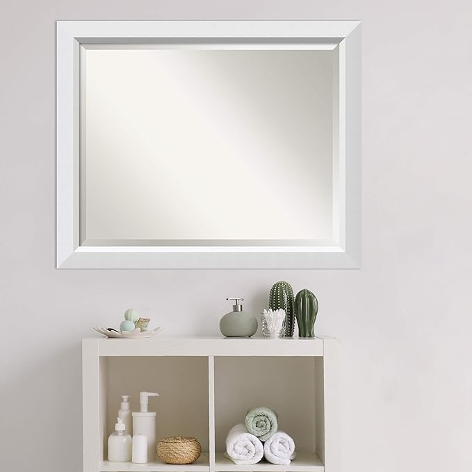 Amanti Art White Bathroom Mirror for Over Sink, 26x32 Blanco White Rectangle Vanity Mirror, Large Modern Contemporary Wood Frame, Hangs Horizonally and Vertically, Bathroom Wall Decor, Beveled Edge