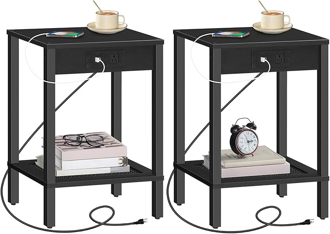 HOOBRO Side Table with Charging Station, Set of 2 End Tables with USB Ports and Outlet, Nightstand with 2-Tier Storage Shelf, for Living Room, Bedroom, Small Space, Black BK91UBZP201