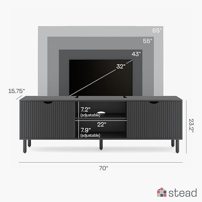 Fluted TV Stand - 70-Inch Fluted Black Wood - TV Console Table & Entertainment Center with Storage - Soft-Close Doors, Adjustable Shelves & Cable Management