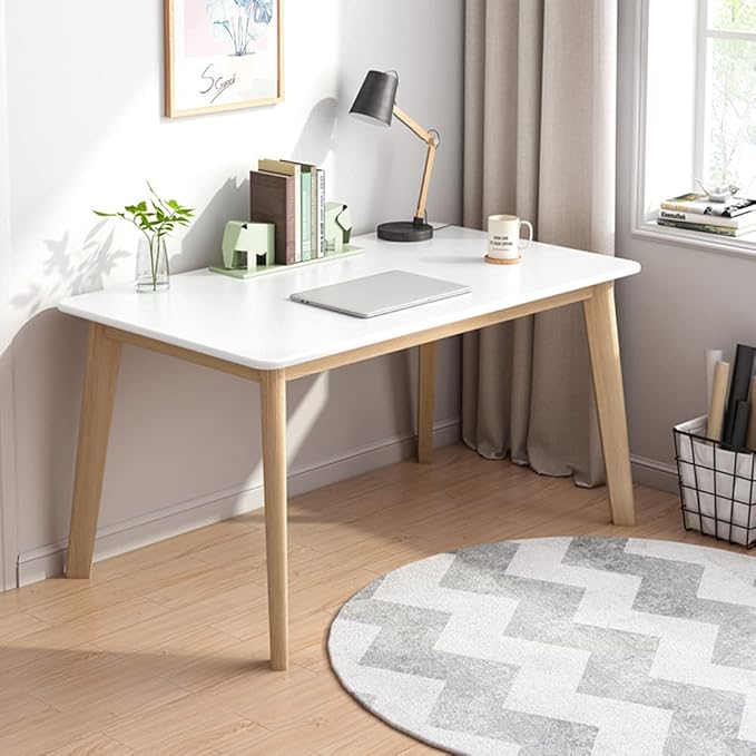 IOTXY Simple Wooden Writing Desk - Modern Minimalist Style PC Laptop Computer Workbench with Solid Wood Legs, 39" W Home Office Work Table for TV Stand Music Video Live Broadcast Workstation, White