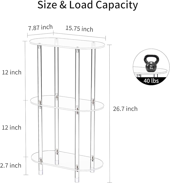 Clear Acrylic Narrow Side Table for Small Spaces, 15.75" L x 7.87" W x 26.7" H, 3 Tier Oval Slim End Table Nightstand, Small Minimalist Skinny Bedside Table for Bedroom, Bathroom, Living Room