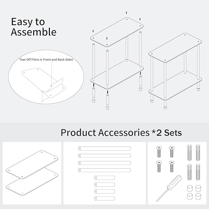 Clear Acrylic Narrow Side Table Set of 2 for Small Spaces, 15.75" L x 7.87" W x 19.82" H, 2 Tier Rectangle Slim End Table Nightstand, Small Bedside Table for Bedroom, Bathroom, Living Room