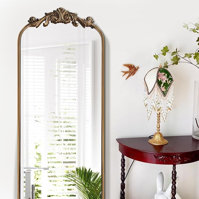 WAMIRRO Ornate Gold Mirror,Vintage Arched Antique Floor Mirrors for Living Room Hallway Fireplace Bathroom Entryway 18"X53"