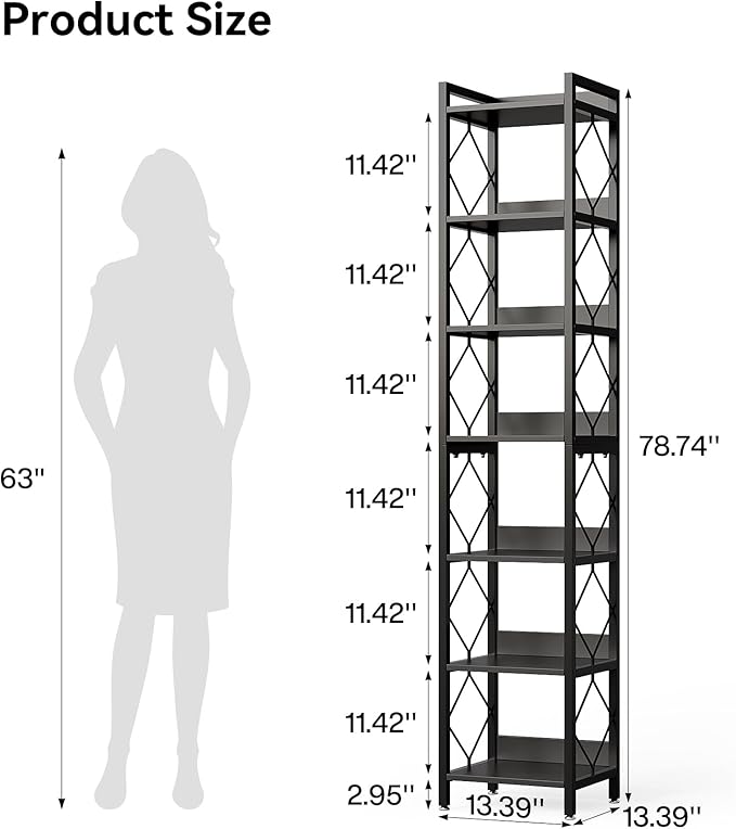 LITTLE TREE Corner Book Shelf, 7-Tier Tall Bookcase, 78" Display Shelves with Sturdy Metal Frame for Living Room, Modern Narrow Standing Bookshelves, Black Office Shelf for Small Spaces, Bedroom