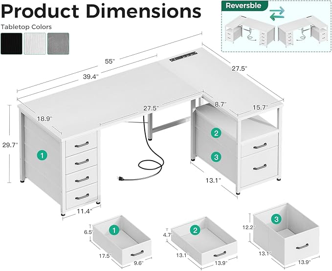 Coleshome L Shaped Computer Desk with 6 Drawers & Power Outlet, 55 Inch Corner Desk with Reversible Storage Shelf & File Drawer, Home Office Desk, White