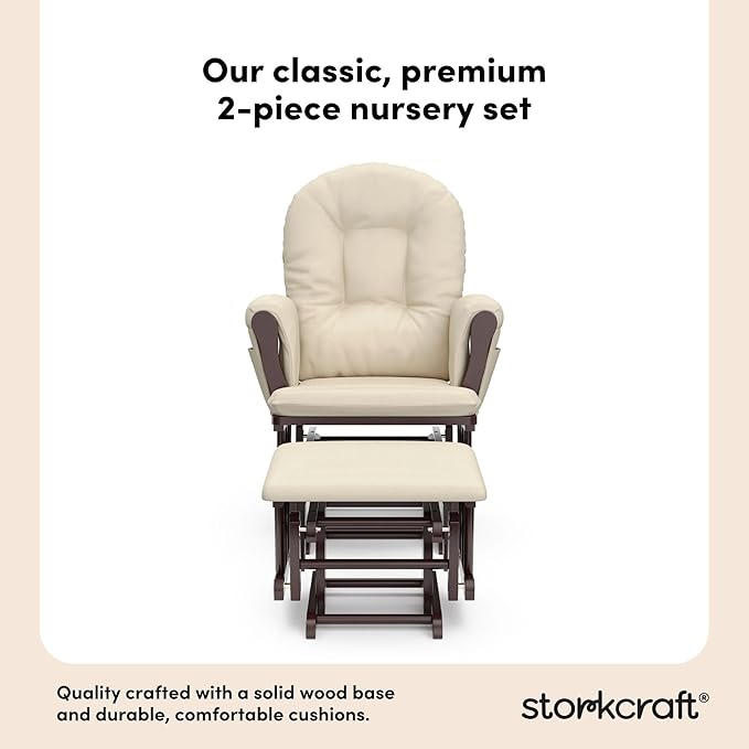 Storkcraft Premium Hoop Glider & Ottoman (Espresso with Beige) — GREENGUARD Gold Certified, Solid Wood Craftsmanship, Convenient Storage Pockets, Smooth-Gliding Chair for Nursery, Multi-Award-Winning