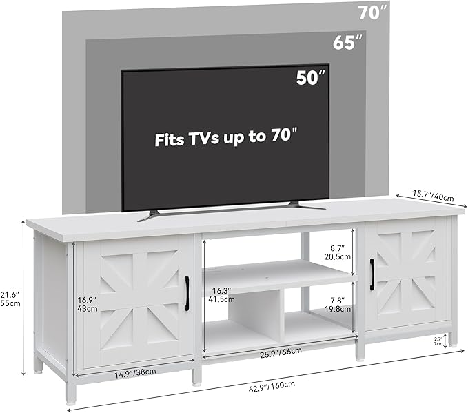 YITAHOME TV Stand with LED Lights & Charging Station, Farmhouse Entertainment Center with Storage Cabinets & Shelves, Cross-Pattern Doors, Fits TVs up to 70'', TV Consoles for Living Room, White