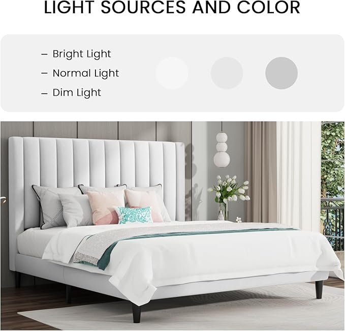 SHA CERLIN Queen Bed Frame/Velvet Upholstered Platform Bed Frame with Headboard/Strong Wood Slats Support/Mattress Foundation/No Box Spring Needed/Easy Assembly/White