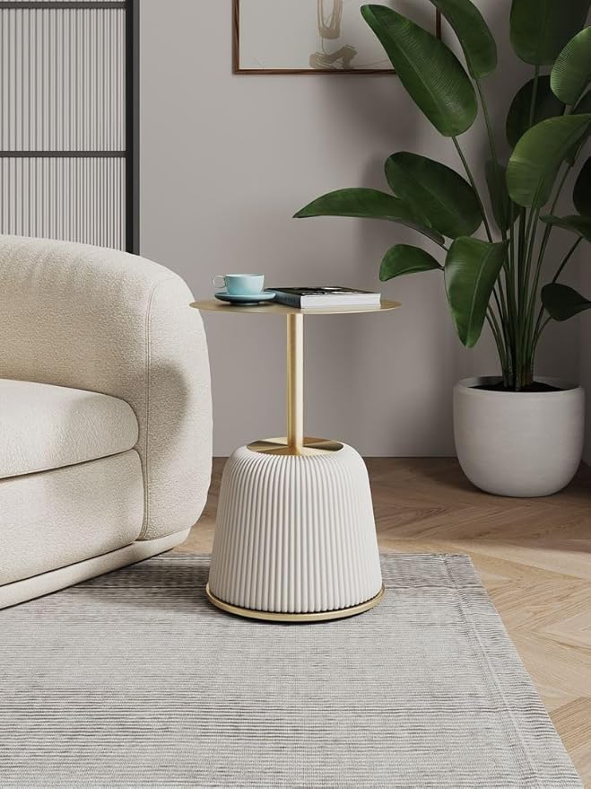 Manhattan Comfort Anderson Modern 15.75" Round End Tables 1.0 - Elegant Leatherette Upholstered Base with Pleated Design & Gold Steel Tabletop, Fully Assembled Accent Furniture, Set of 1, Cream