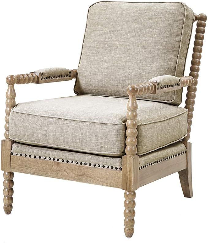 Madison Park Donohue Mid-Century Modern Accent Chairs for Living Room with Nailhead Trim, Solid Wood, Oakwood Finish, Upholstered Seat, Lounge for Reading Bedroom Furniture, Light Grey