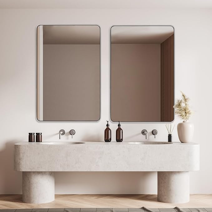 ANDY STAR 48x36 Inch Chrome Mirrors for Bathroom, Chrome Bathroom Vanity Mirror, Rounded Rectangle Mirror, Anti-Rust SUS304, Seamless Tube Metal Frame, 1’’ Deep Wall Mounted Vertically/Horizontal