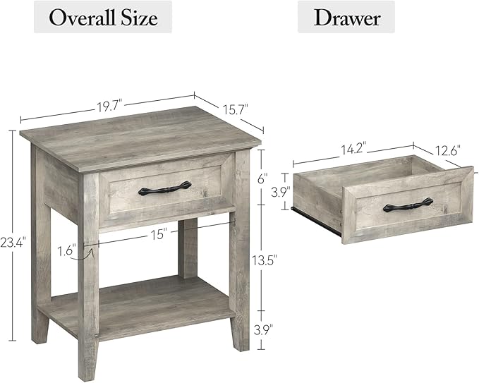 IDEALHOUSE Grey Nightstand, End Table with Drawer, Side Table for Spaces, 2 Tiers Storage Shelves with Dresser, Bedside Table for Living Room, Bedroom, Dorm (Grey)