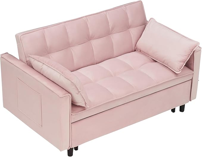 Ball & Cast Convertible Sofa Bed,Loveseat Sleeper Sofa W/Pull-Out Bed&2 Pillows,Convertible Pull Out Couch W/Adjustable Backrest&Side Pocket,Velvet Futon Couches for Living Room,Apartment,Pink,55"