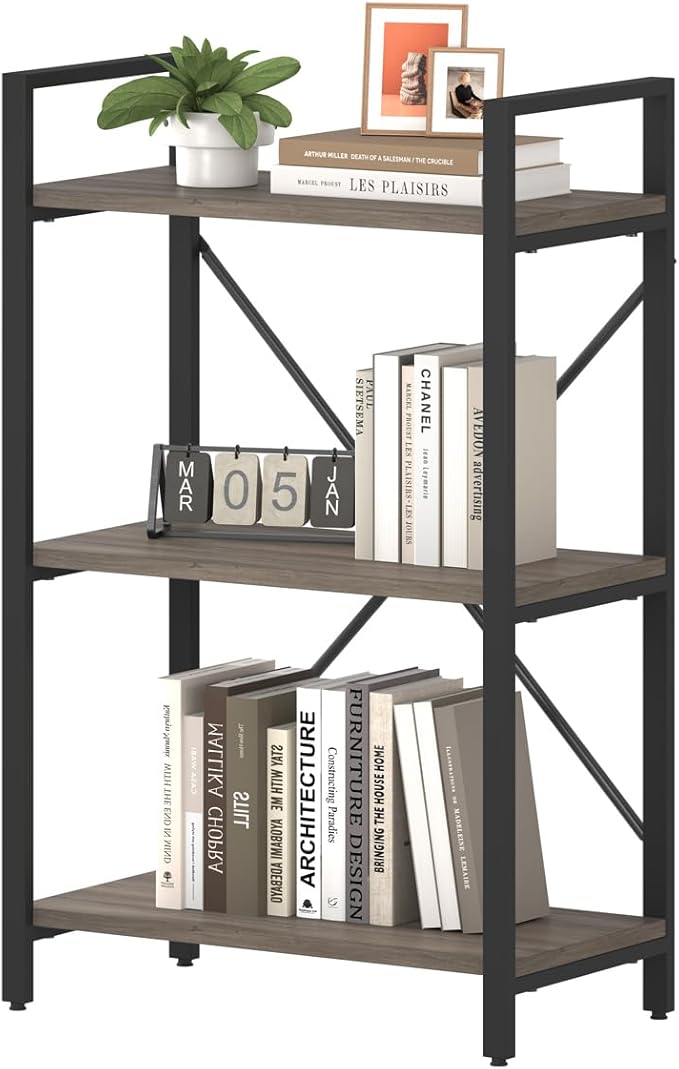BON AUGURE 3 Tier Bookshelf, Small Rustic Book Shelf, Short Industrial Bookcase, Wood Metal Standing Etagere for Office, Bedroom and Living Room (Greige Oak)
