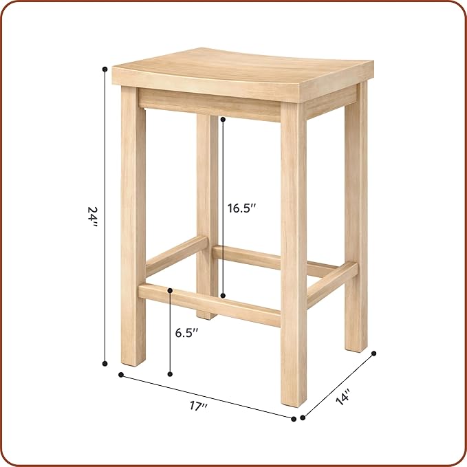 Grain & Grove Smith Collection Solid Wood Counter Height Bar Stool, 24-Inch Saddle Seat Backless Stool, Ideal for Kitchen Island, Dining, or Home Bar Seating, Blonde