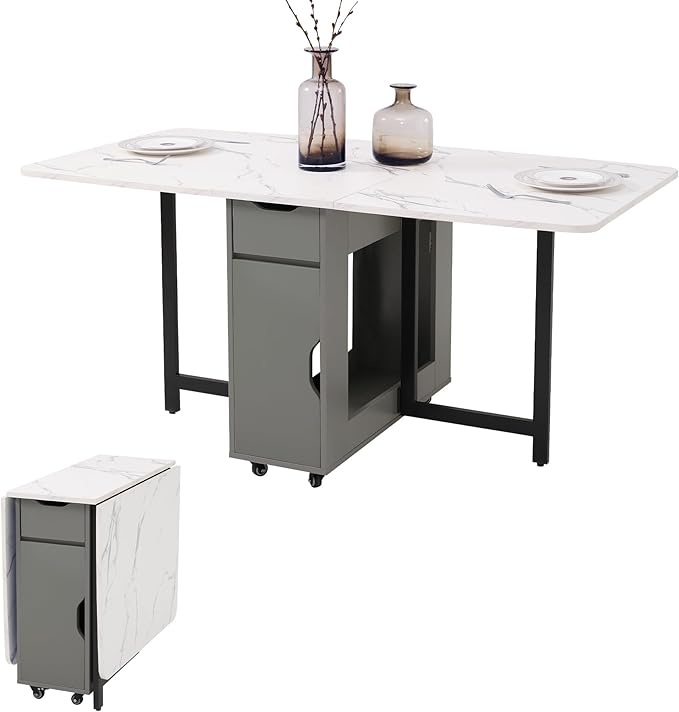 Foldable Space Saving Dining Table Extendable, Folding Dining Table with Storage and Wheels 2-Layers, Versatile Drop Leaf Table Modern for Living Room, Kitchen, RV Campers (Grey)