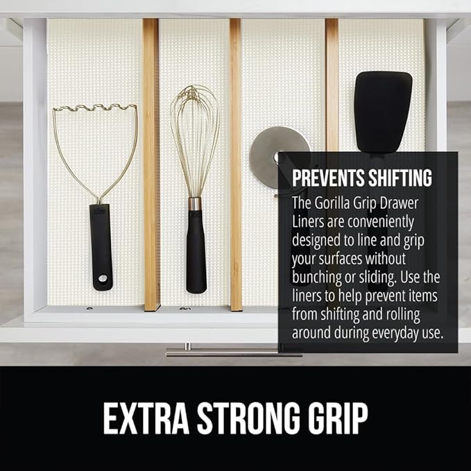 GORILLA GRIP powerGRIP Drawer Shelf and Cabinet Liner, Thick Strong Hold, Non-Adhesive Liners Protect Kitchen Cabinets and Cupboard, Bathroom Drawers, Easy Install, Breathable Mat, 24" x30' Snow White