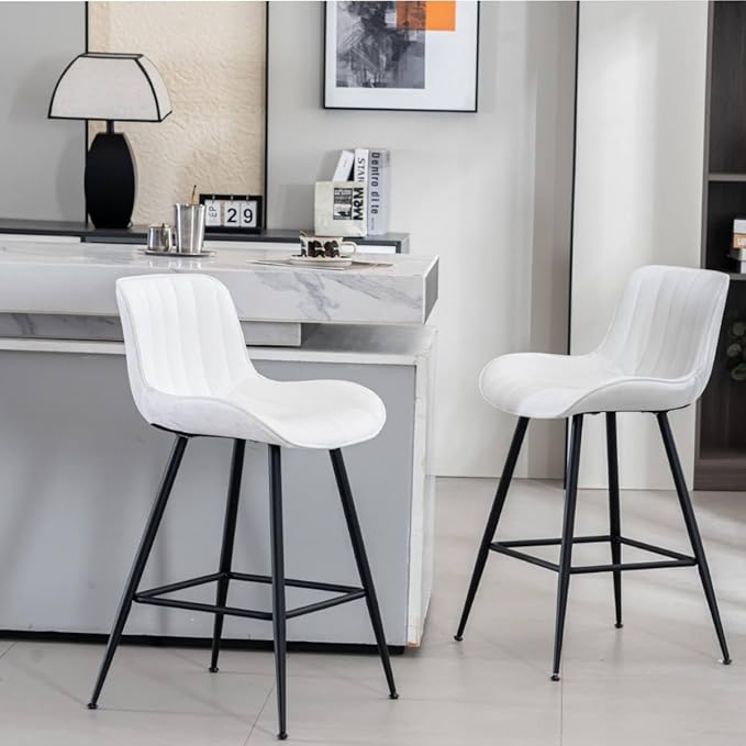 24’’ Bar Stools Set of 2 Modern Barstools White Bar Stools with Fabric Upholstery Counter Height Bar Stools with Low Back Stools for Kitchen Counter, Bar, Pub, Cafe (White).
