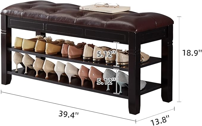 Shoe Storage Bench, Entryway Shoe Rack with Fiberleather Seat 2-Tier Lift Top Organizer Wooden Shoe Bench for Entryway Hallway Living Room (Black 39.4x13.8x18.9'')