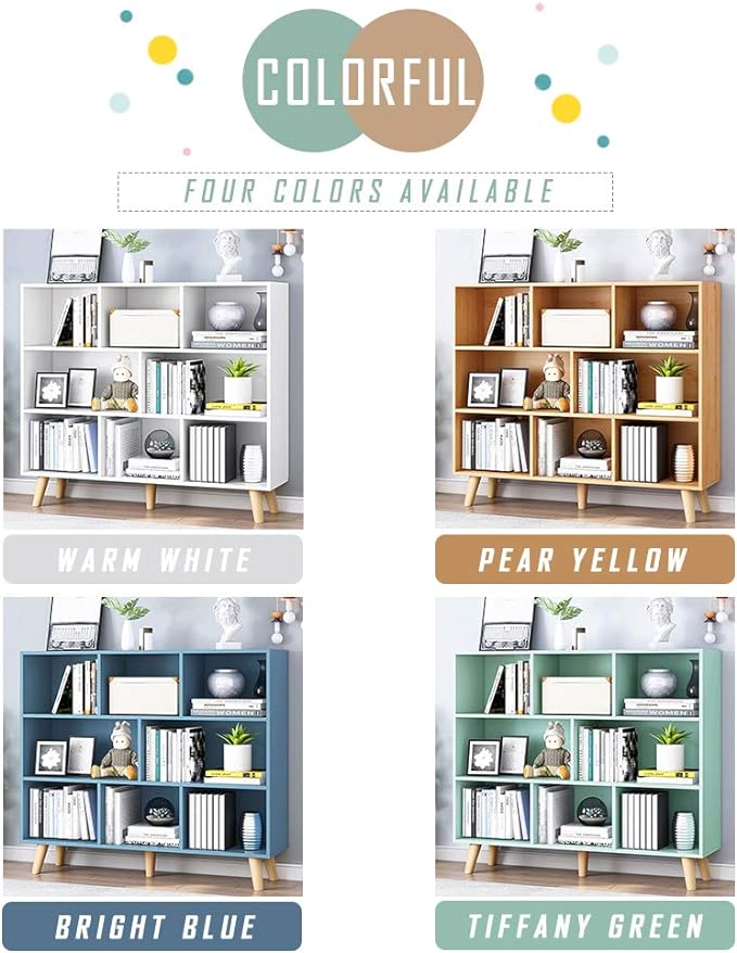 IOTXY Wooden Open Shelf Bookcase - 3-Tier Floorstanding Display Cabinet Rack with Legs, 8 Cubes Free Standing Bookshelf, Bright Blue
