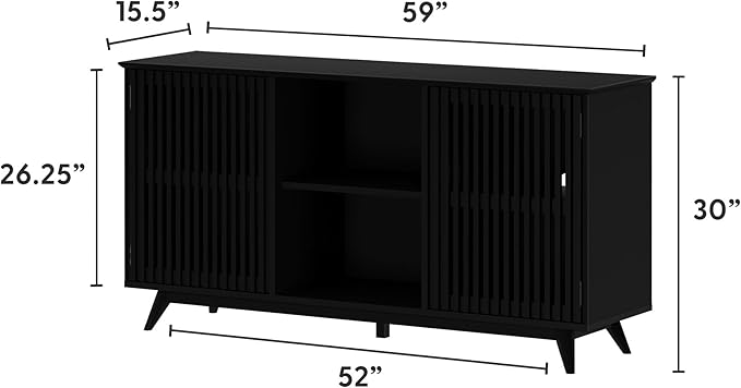 Plank+Beam Mid-Century Modern Wood TV Stand, Solid Wood Entertainment Console with Storage, 59" L x 16" W x 30" H, Black