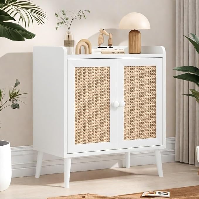 Buffet Cabinet, Rattan Storage Cabinet with Round Pull Rings, Sideboard with Ample Storage, Bar Liquor Shelf with 2 Doors for Living Room, Hallway, White