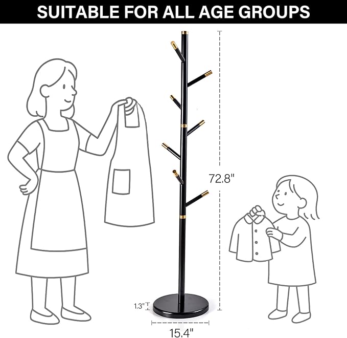 CozyDH Black Coat Rack Freestanding Solid Wood Coat Rack Stand, Coat Tree Freestanding with 7 Hooks Creative Tree Branch-look for Entryway, Hallway, Bedroom