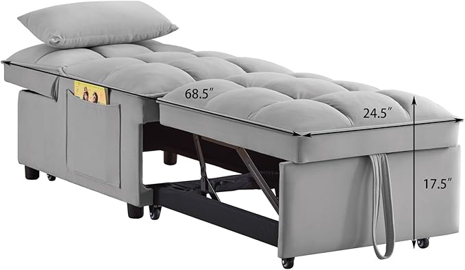 KEIKI Velvet Single Convertible Sleeper Chair Sofa Bed with Adjustable Backrest, Pillows & Storage Pockets, 3 in 1 Pull-Out Couch Chaise Lounge Recliner for Living Room Balcony Bedroom, Grey