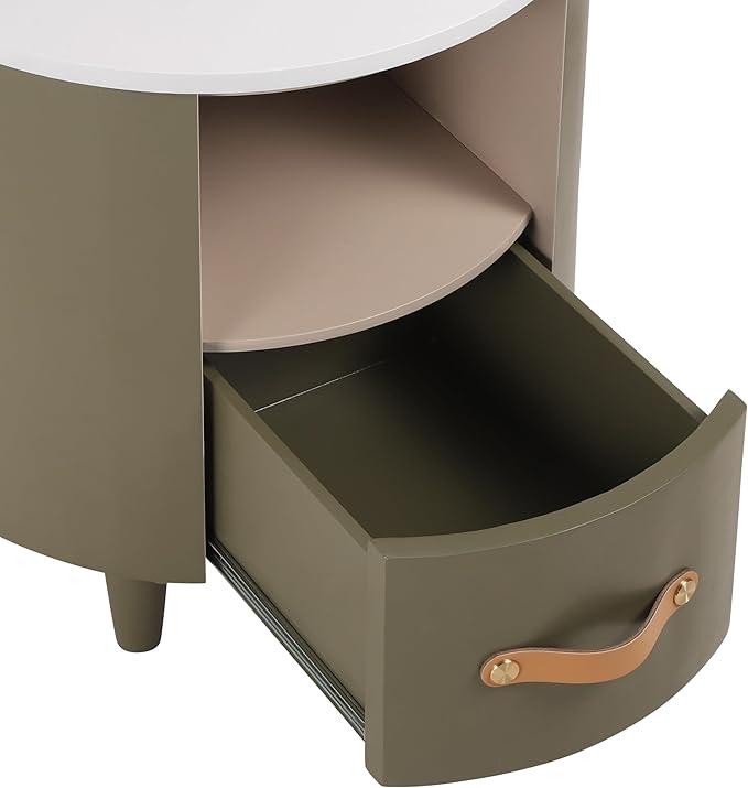 Merax Round Nightstand with Storage Drawer, MDF Contemporary Modern Bedside Table with Open Storage Shelf, Curved Design Sofa End Table for Bedroom & Living Room, Easy Assembly, Green