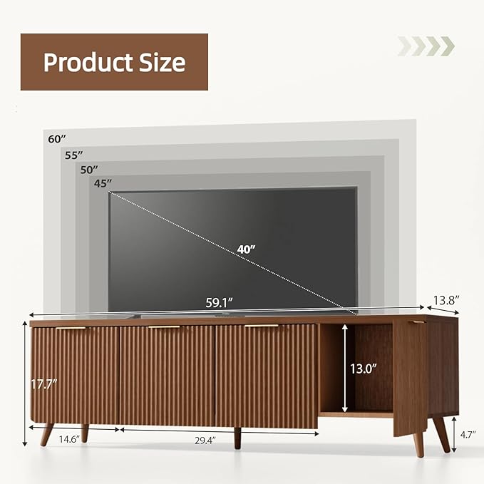 TV Stand for Up to 60" TVs, Modern Entertainment Center with 4 Cylindrical Stripe Doors, Media Console Table with Solid Wooden Legs, Modern TV Stand for Living Room, Bedroom, Walnut