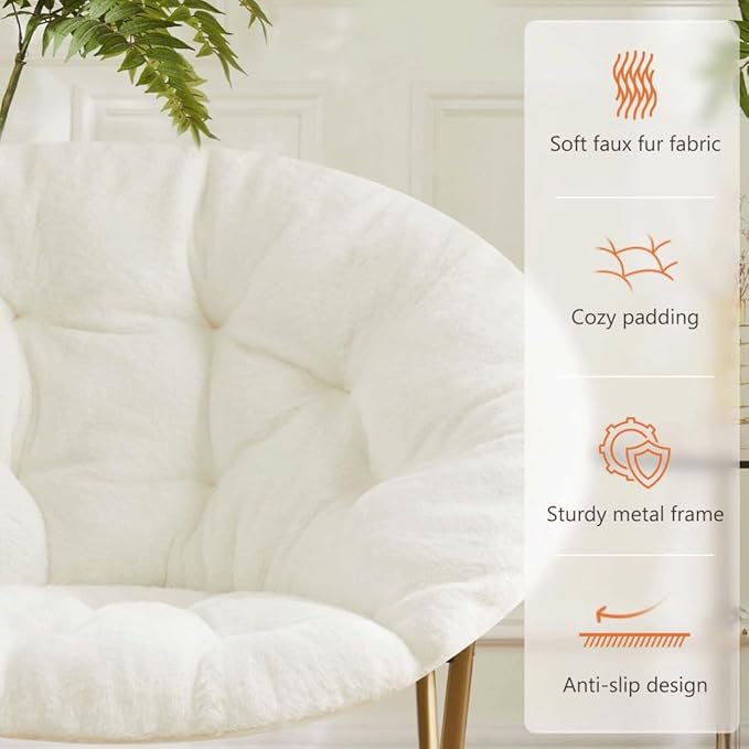 Comfortable Cozy Faux Fur Disc Chair Foldable Feature for Bedroom, Living Room and Dorm, Adult-Sized Relaxation, White