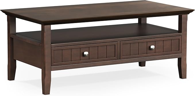 SIMPLIHOME Acadian Coffee Table - 48 inch Wide Solid Wood Transitional Cocktail Table with 2 Drawers in Brunette Brown, Classic Living Room Table with Storage Shelf and Tapered Legs