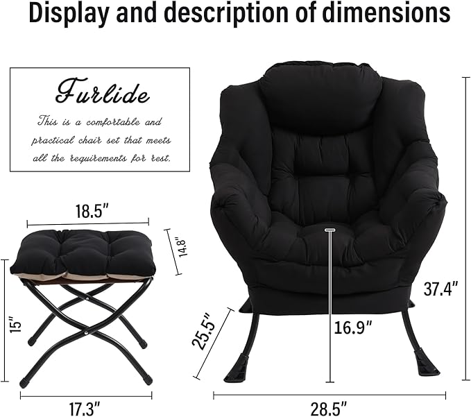 Modern Lazy Chair with Folding Footrest, Lounge Accent & Comfortable Reading Chair (Black)