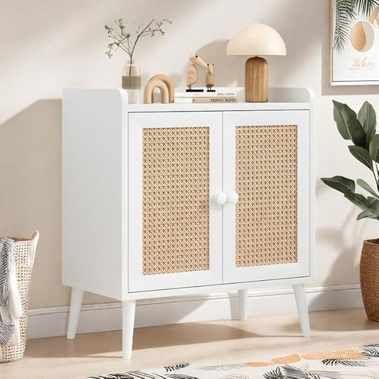 Buffet Cabinet, Rattan Storage Cabinet with Round Pull Rings, Sideboard with Ample Storage, Bar Liquor Shelf with 2 Doors for Living Room, Hallway, White
