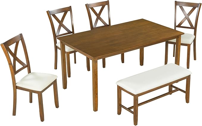 SogesPower 6-Piece Kitchen Dining Table Set for 4-6,Rectangular Dining Table with 4 Fabric Chairs & 1 Bench for Dining Room Living Room,Natural Cherry