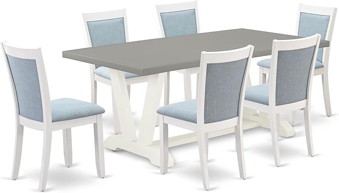 East West Furniture V097MZ015-7 7 Piece Dining Room Table Set Consist of a Rectangle Dining Table with V-Legs and 6 Baby Blue Linen Fabric Upholstered Chairs, 40x72 Inch, Multi-Color