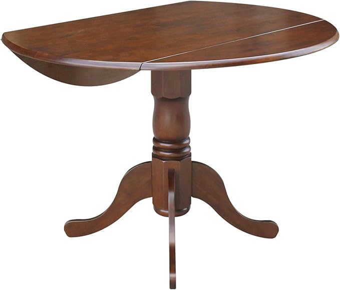 IC International Concepts, 42" Round Dual Drop Leaf Pedestal Dining Table, Solid Wood, Real Parawood, 42" W x 42" D x 29.5" H, Easy Assembly, Espresso