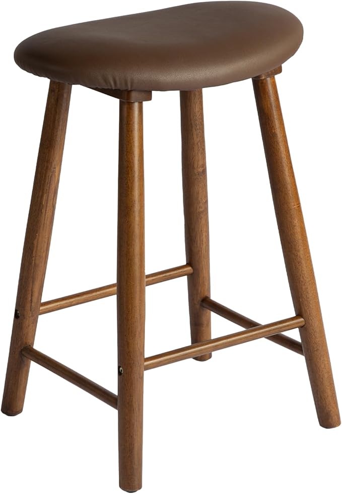 Nora 25" Upholstered Counter Stool, Solid Rubber Wood Frame, Faux Leather Cushion Seat, Comfortable Backless Bar Stool for Kitchen Island & Home Bar Seating
