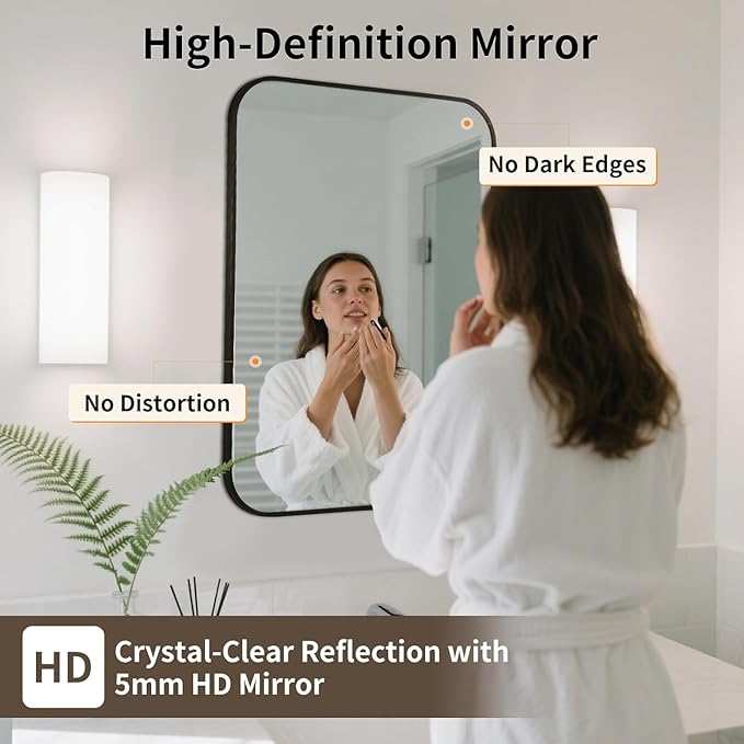 Black Bathroom Mirror, 22x30 Inch Aluminum Frame Rectangle Mirror, Anti-Rust, Tempered Glass, Wall Mirror for Over Sink, Vanity, Bedroom, Entryway, Horizontal/Vertical
